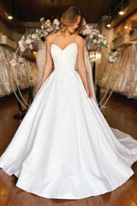 Gorgeous A-Line Strapless White Satin Wedding Dresses with Pockets