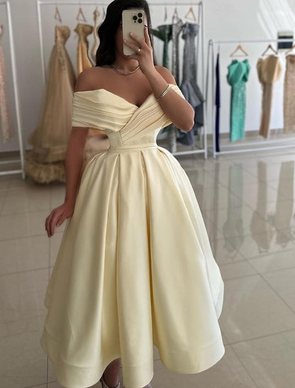 A-Line Cocktail Dresses Elegant Dress Wedding Quinceanera Tea Length Sleeveless Off Shoulder Pink Dress Satin with Ruched