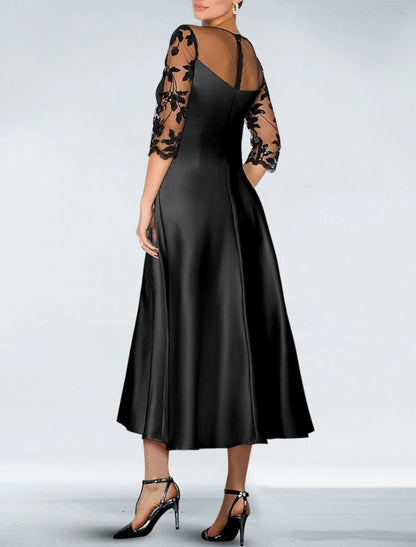 A-Line Cocktail Black Dress Appliques Elegant Dress Fall Wedding Guest Dress For Mother Knee Length 3/4 Length Sleeve Off Shoulder Pocket Satin with Beading Pocke