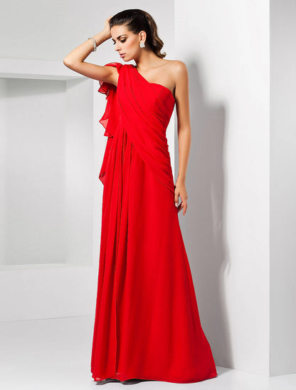 Sheath Christmas Red Green Dress Empire Wedding Guest Formal Evening Dress One Shoulder Sleeveless Floor Length Chiffon with Draping Slit