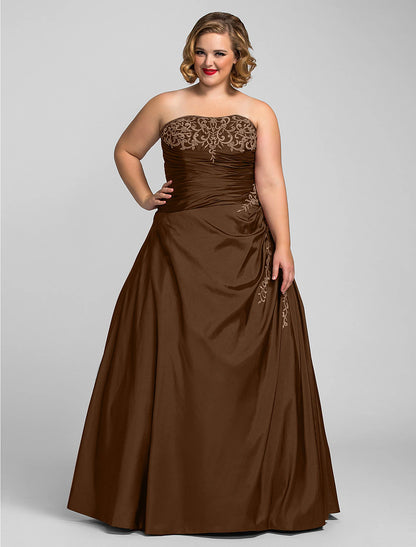 Ball Gown Plus Size Prom Formal Evening Dress Strapless Sleeveless Floor Length Taffeta with Beading Appliques