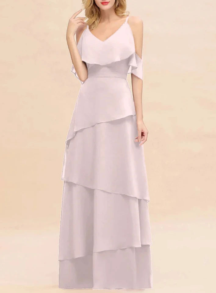 Cold-Shoulder Layers Chiffon Floor-Length Bridesmaid Dresses