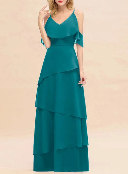 Cold-Shoulder Layers Chiffon Floor-Length Bridesmaid Dresses