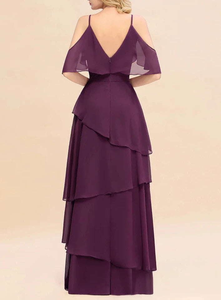 Cold-Shoulder Layers Chiffon Floor-Length Bridesmaid Dresses