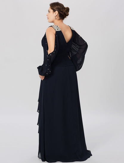 Sheath / Column Mother of the Bride Dress Plus Size Elegant High Low V Neck Asymmetrical Chiffon Stretch Satin Long Sleeve with Criss Cross Crystals