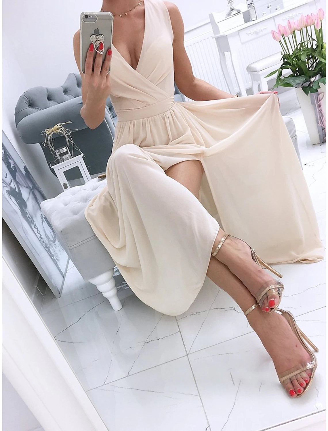 Women's Party Dress Holiday Dress Swing Dress Long Dress Maxi Dress Leather Pink White Light Green Sleeveless Pure Color Split Spring Summer V Neck Vacation Party Wedding Guest Date