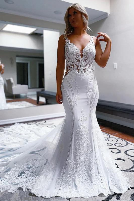 Mermaid V Neck Satin Lace Wedding Dresses