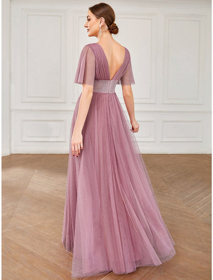 A-Line Bridesmaid Dress V Neck Short Sleeve Plus Size Floor Length Tulle with Ruffles / Draping / Tier