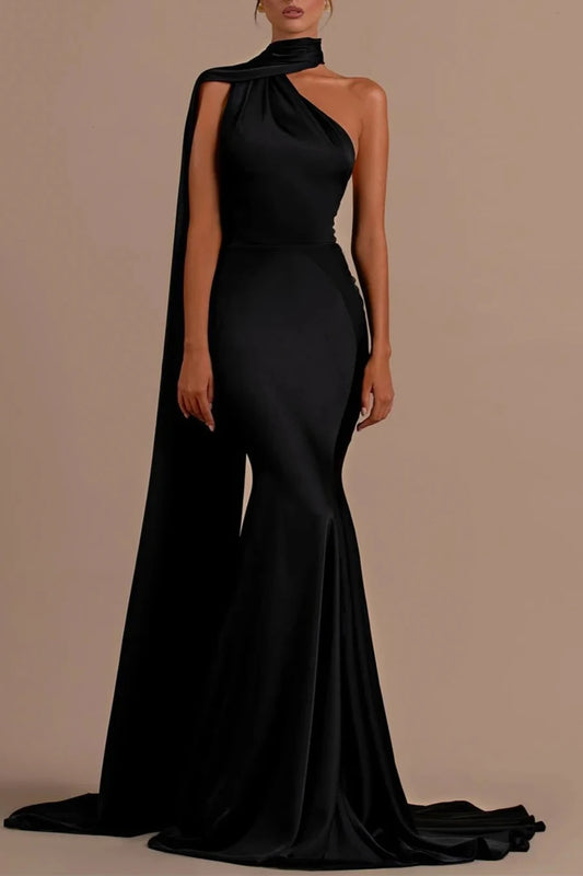 Modern Black High Neck Evening Dresses Mermaid Long Backless Sweep/Brush Train Dresses