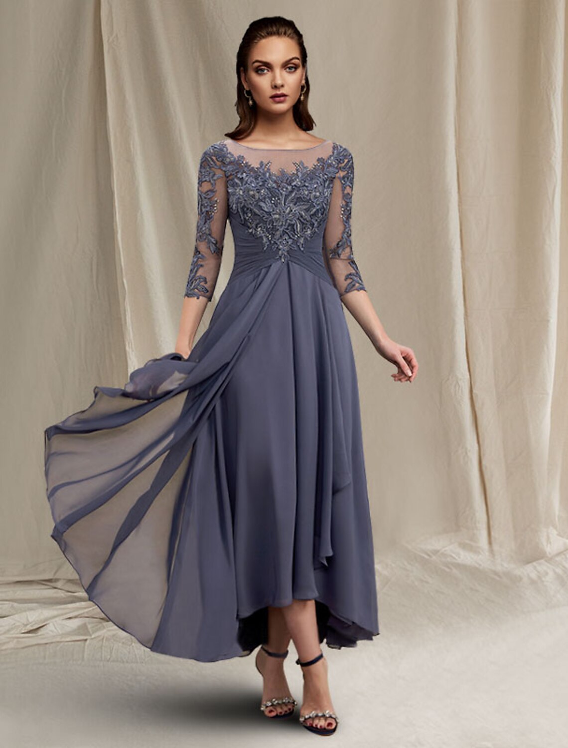 Two Piece A-Line Mother of the Bride Dress Elegant High Low Jewel Neck Asymmetrical Tea Length Chiffon Lace 3/4 Length Sleeve Wrap Included with Sequin Appliques