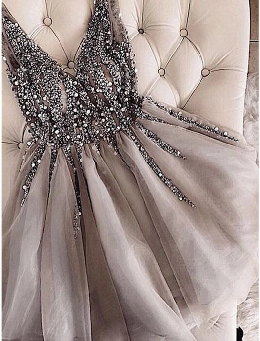 A-Line Homecoming Dresses Sparkle & Shine Dress Party Wear Birthday Short / Mini Sleeveless V Neck Tulle with Glitter