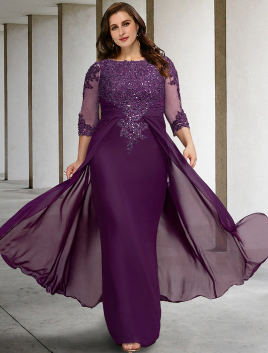 Sheath / Column Mother of the Bride Dresses Plus Size Hide Belly Curve Luxurious Dress Formal Floor Length Half Sleeve Jewel Neck Chiffon with Ruched Beading Appliques