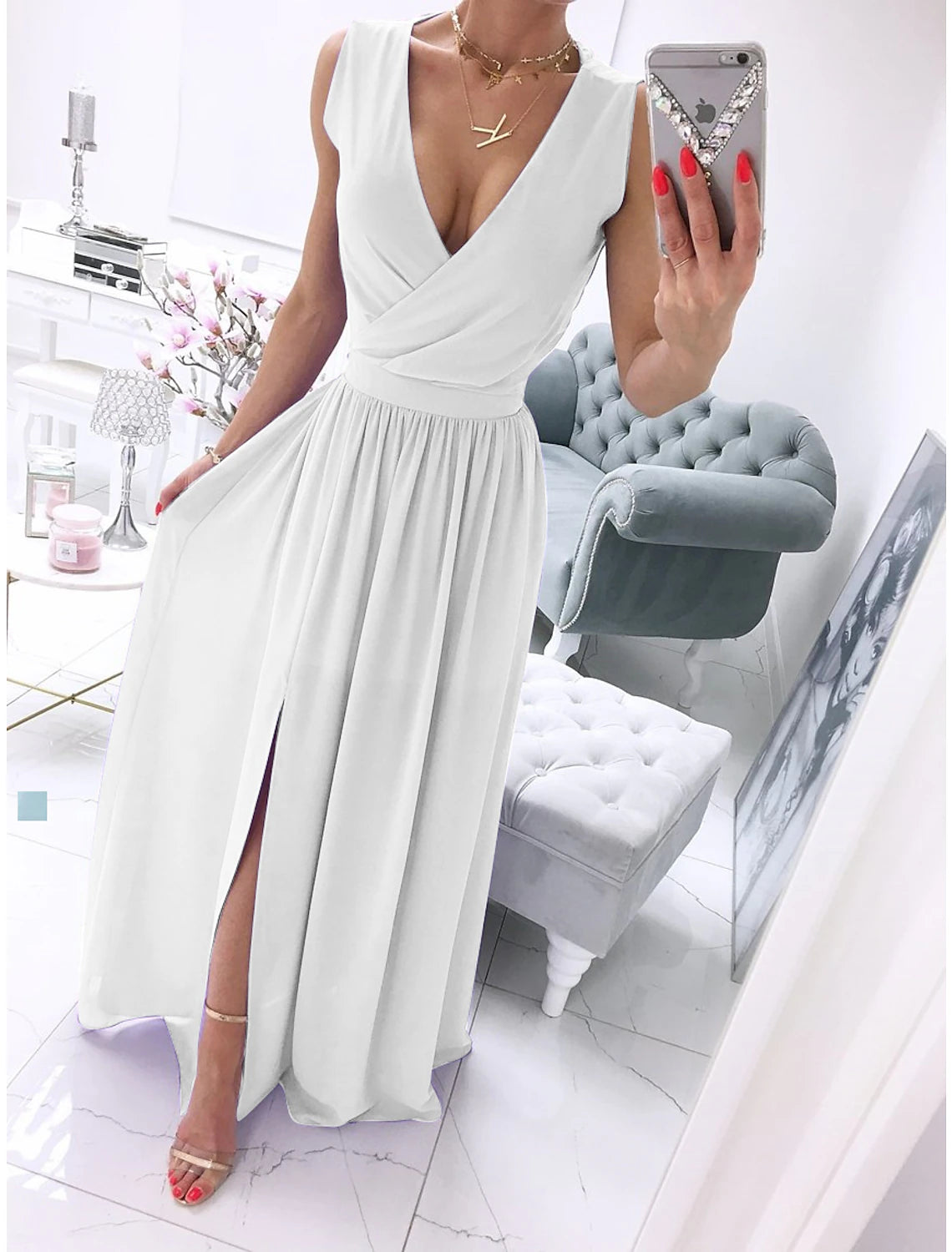 Women's Party Dress Holiday Dress Swing Dress Long Dress Maxi Dress Leather Pink White Light Green Sleeveless Pure Color Split Spring Summer V Neck Vacation Party Wedding Guest Date