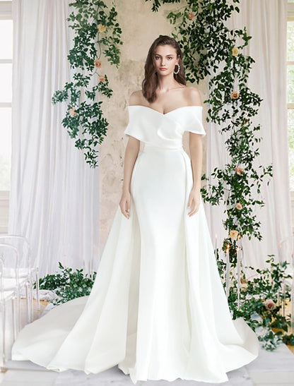 Hall Casual Wedding Dresses Sheath / Column Off Shoulder Cap Sleeve Chapel Train Satin Bridal Gowns With Ruched