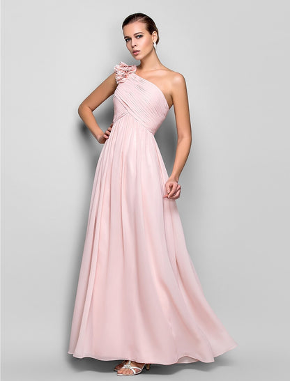 Sheath / Column Open Back Dress Prom Floor Length Sleeveless One Shoulder Chiffon with Criss Cross Ruched Flower