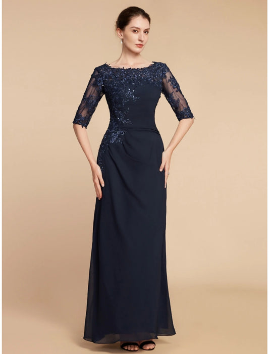 Sheath / Column Mother of the Bride Dress Wedding Guest Elegant Scoop Neck Ankle Length Chiffon Lace Half Sleeve with Sequin Ruching Solid Color