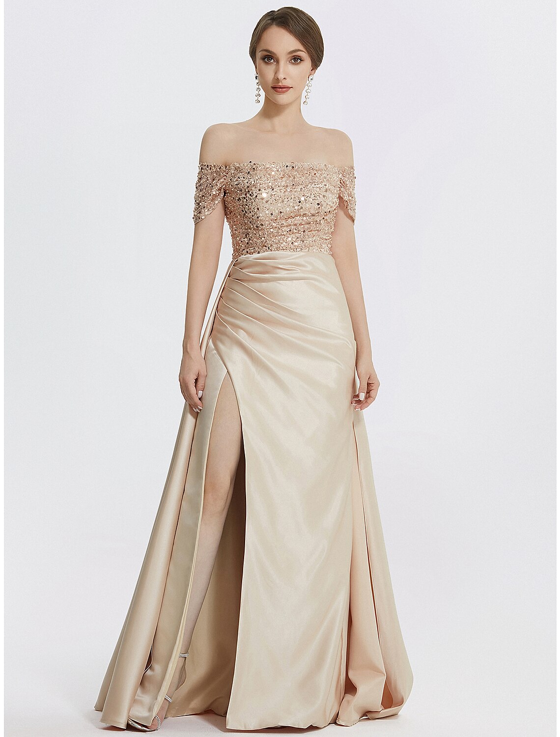 Sheath / Column Evening Gown Elegant Dress Formal Floor Length Short Sleeve Off Shoulder Sequined with Glitter Pleats Slit