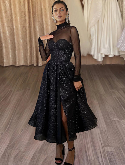 A-Line Cocktail Dresses Sparkle & Shine Dress Wedding Guest Party Wear Tea Length Long Sleeve High Neck Wednesday Addams Family Tulle with Glitter