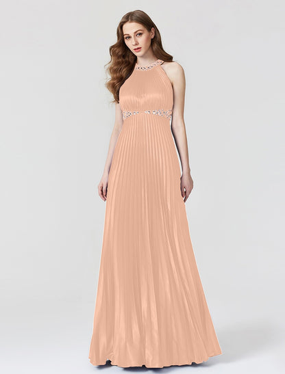 A-Line Beautiful Back Dress Holiday Cocktail Party Floor Length Sleeveless Jewel Neck Satin with Pleats Beading