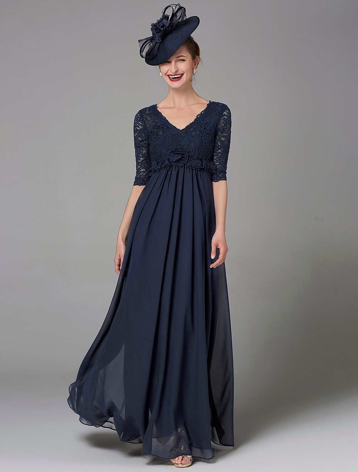 A-Line Mother of the Bride Dress Elegant & Luxurious V Neck Floor Length Chiffon Lace Half Sleeve with Lace Bow(s)A-Line Mother of the Bride Dress Elegant & Luxurious V Neck Floor Length Chiffon Lace Half Sleeve with Lace Bow(s)