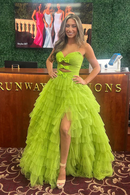 Green Strapless Ruffle Tiered Tulle Long Prom Dresses with Slit