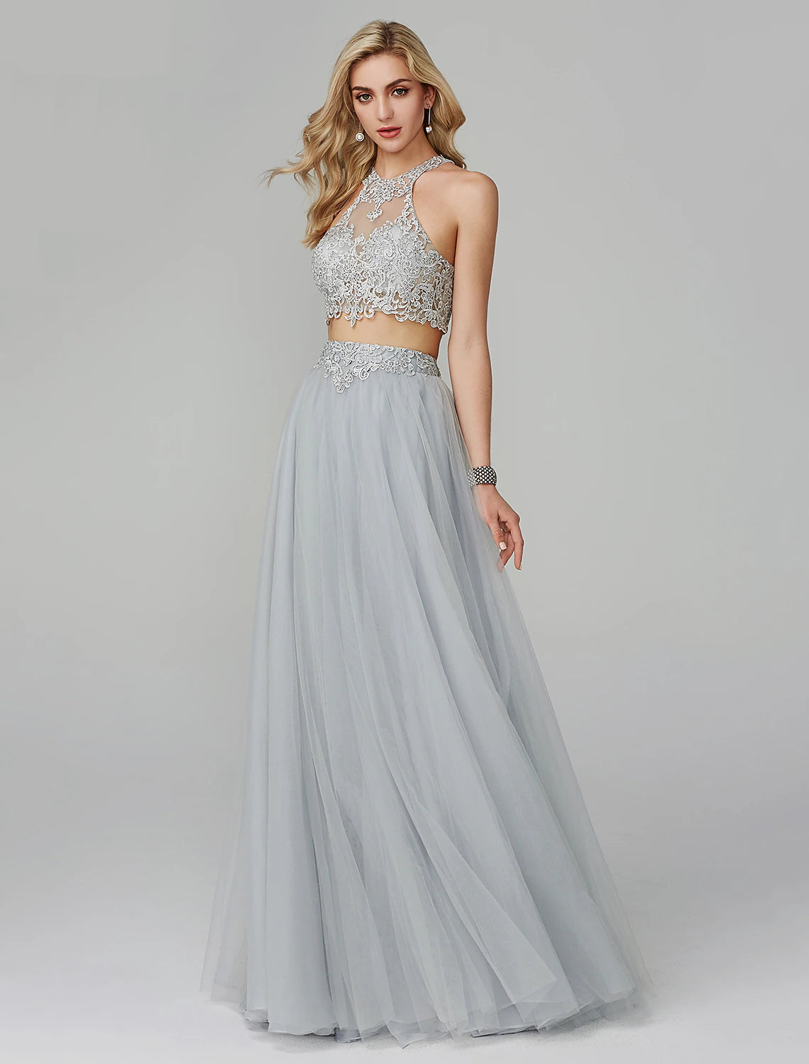 Two Piece Empire Dress Wedding Guest Prom Floor Length Sleeveless Halter Neck Lace with Appliques