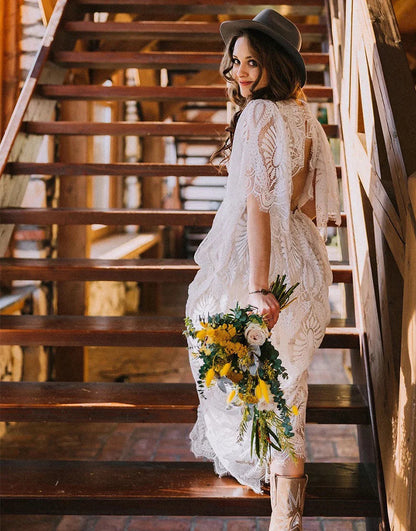 A-line Boho Lace Long Dress Wedding Dress with Sleeves