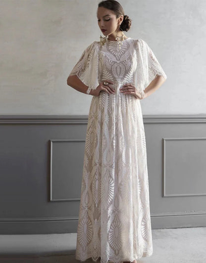 A-line Boho Lace Long Dress Wedding Dress with Sleeves