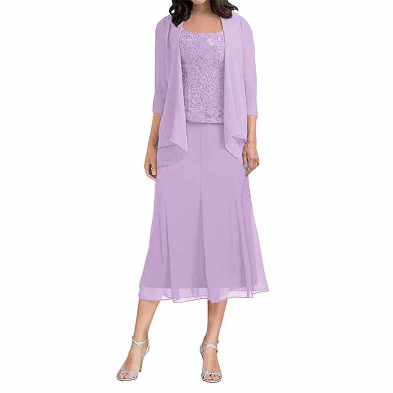 3 Pieces A-line Scoop Tea-Length Chiffon Mother of the Bride Dress With Sleeveless