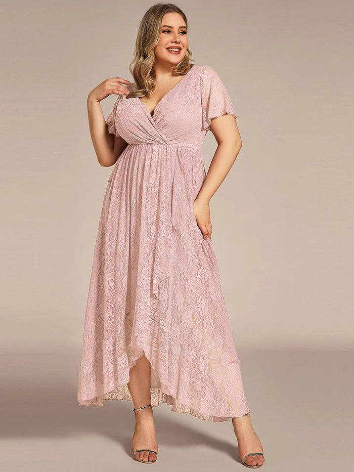 Plus Size Short Sleeve Ruffled V-Neck A-Line Lace Evening Dress Mother of the Bride Dresses