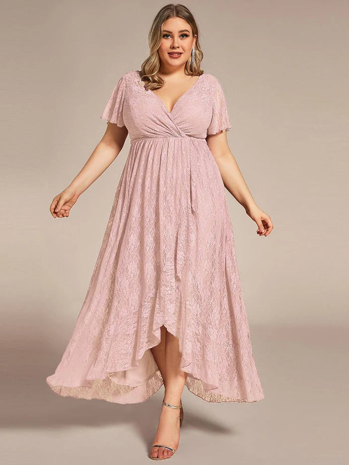 Plus Size Short Sleeve Ruffled V-Neck A-Line Lace Evening Dress Mother of the Bride Dresses