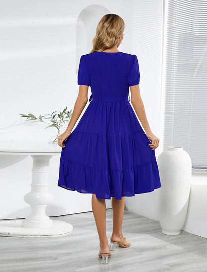 A-Line Cocktail Dresses Party Dress Wedding Guest Cocktail Party Knee Length Short Sleeve Jewel Neck Belt / Sash Spandex with Pleats Ruched