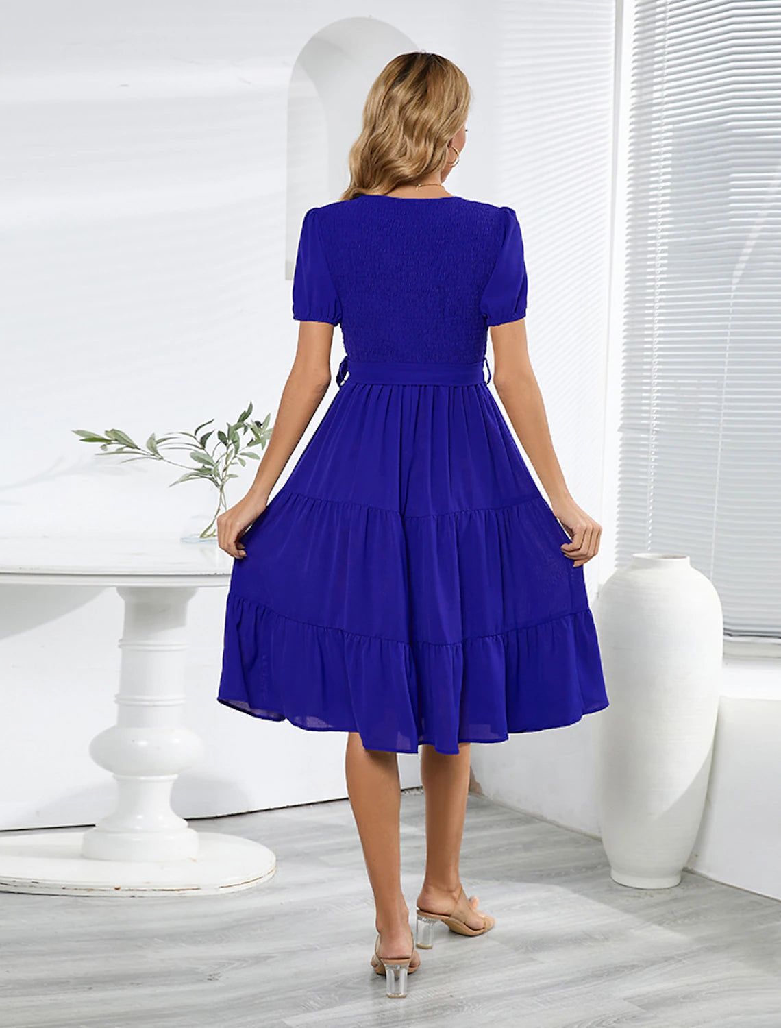 A-Line Cocktail Dresses Elegant Dress Wedding Guest Cocktail Party Knee Length Short Sleeve Jewel Neck Belt / Sash Spandex with Pleats Ruched