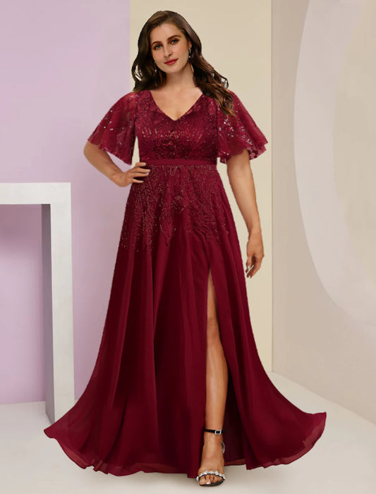 Mother of the Bride Dresses Plus Size Curve Hide Belly Wedding Guest Elegant Sparkle & Shine V Neck Floor Length Chiffon Lace Sequined Short Sleeve with Pleats Split Front