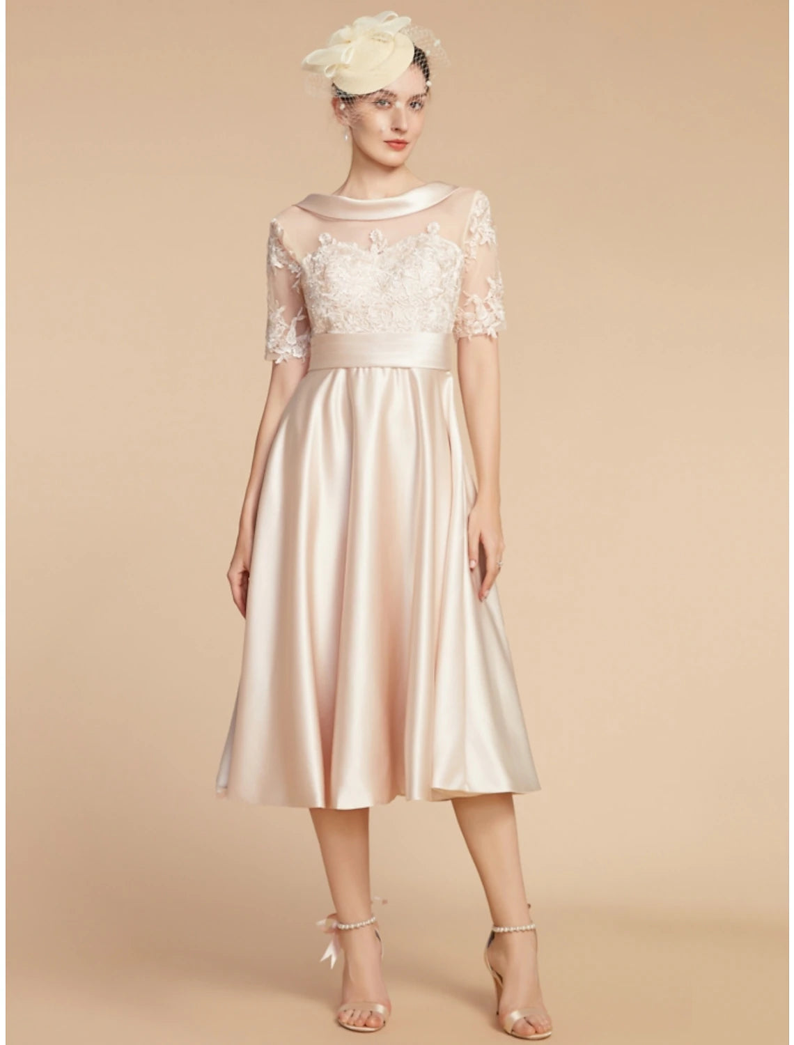 A-Line Mother of the Bride Dress Wedding Guest Elegant Petite Scoop Neck Knee Length Satin Lace Half Sleeve with Appliques Ruching Solid Color