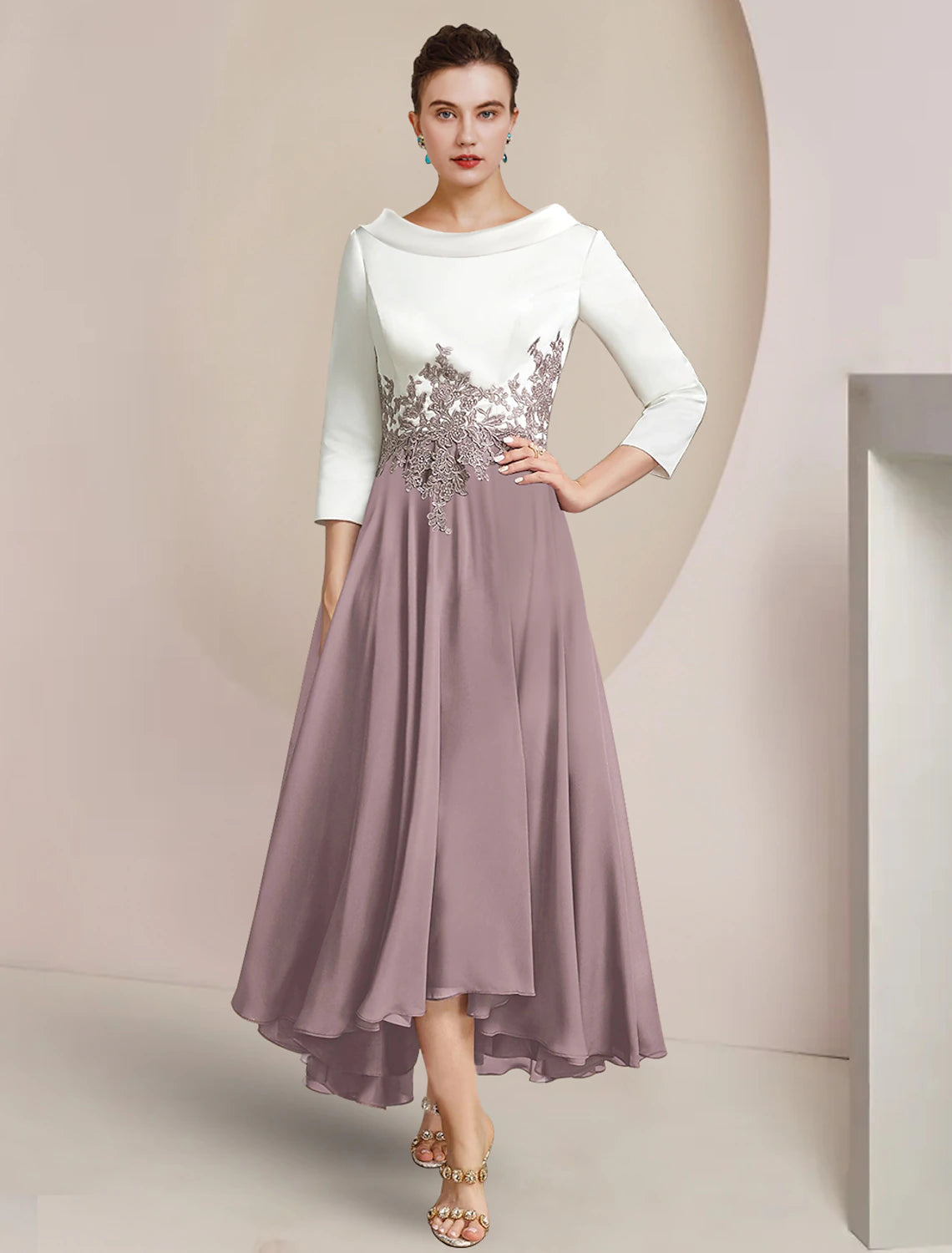 A-Line Mother of the Bride Dress Formal Wedding Guest Elegant High Low Scoop Neck Asymmetrical Tea Length Chiffon Satin Lace 3/4 Length Sleeve with Pleats Appliques Color Block