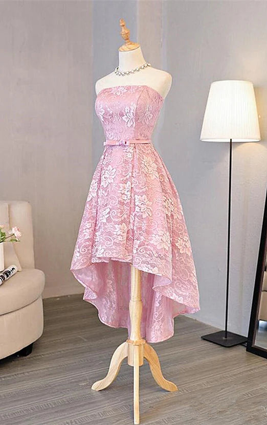 Cute Pink High Low Lace Scoop Homecoming Dress Cute A-Line Pink Short Prom Dress