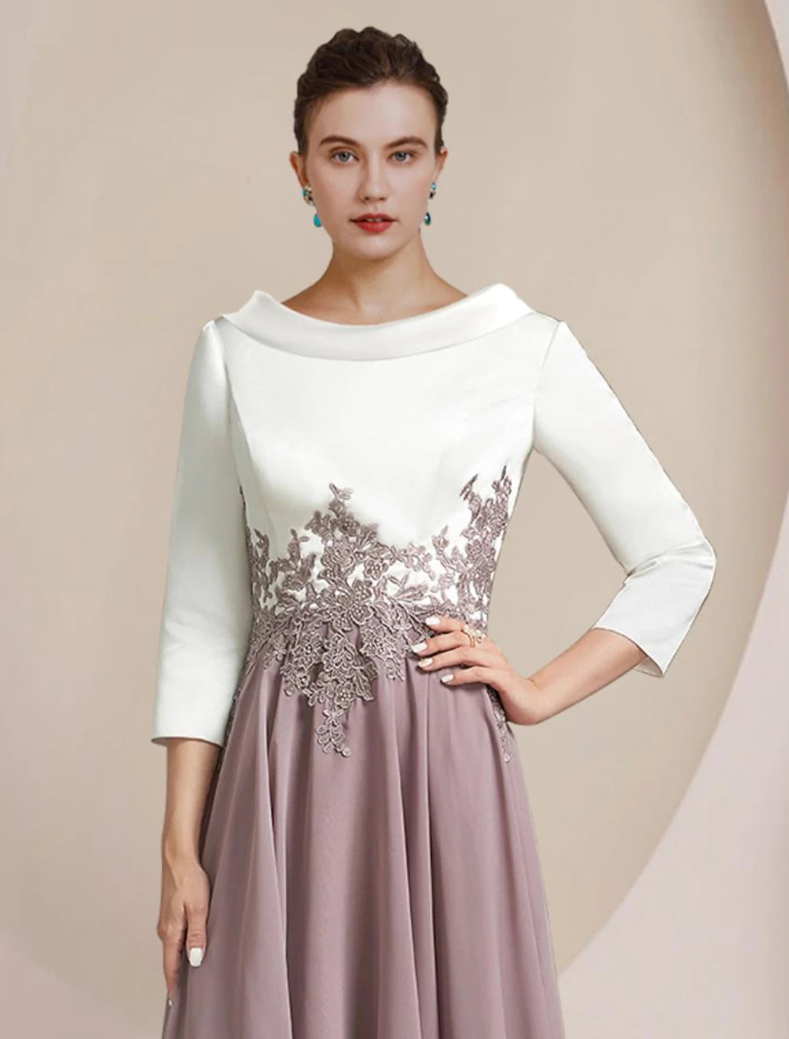 A-Line Mother of the Bride Dress Formal Wedding Guest Elegant High Low Scoop Neck Asymmetrical Tea Length Chiffon Satin Lace 3/4 Length Sleeve with Pleats Appliques Color Block