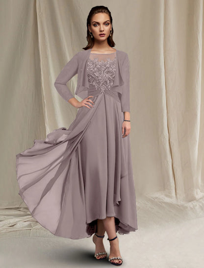 Two Piece A-Line Mother of the Bride Dress Elegant High Low Jewel Neck Asymmetrical Tea Length Chiffon Lace 3/4 Length Sleeve Wrap Included with Sequin Appliques