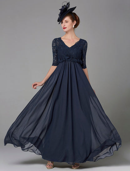 A-Line Mother of the Bride Dress Elegant & Luxurious V Neck Floor Length Chiffon Lace Half Sleeve with Lace Bow(s)A-Line Mother of the Bride Dress Elegant & Luxurious V Neck Floor Length Chiffon Lace Half Sleeve with Lace Bow(s)