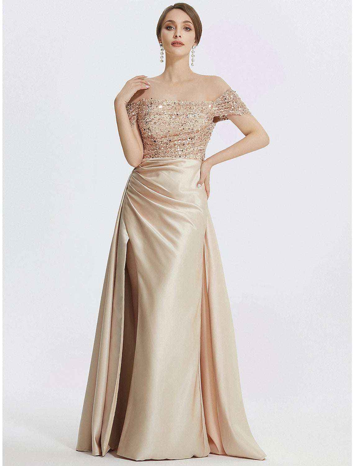 Sheath / Column Evening Gown Elegant Dress Formal Floor Length Short Sleeve Off Shoulder Sequined with Glitter Pleats Slit