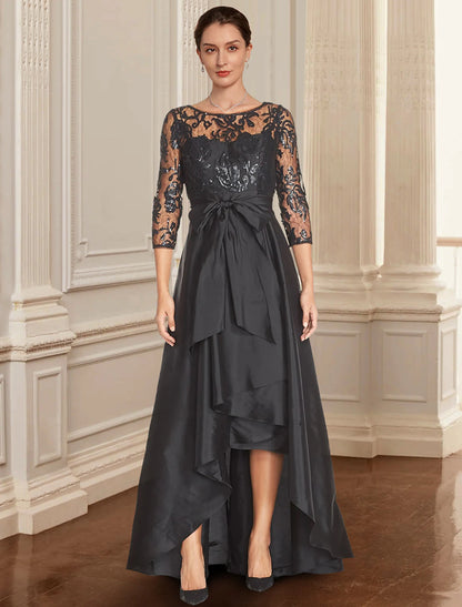 A-Line Mother of the Bride Dress Formal Wedding Guest Elegant Black Dress Jewel Neck Asymmetrical Lace Italy Satin 3/4 Length Sleeve with Lace Bow(s) Sequin