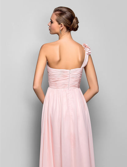 Sheath / Column Open Back Dress Prom Floor Length Sleeveless One Shoulder Chiffon with Criss Cross Ruched Flower