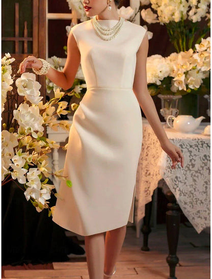 Elegant Cocktail Dresses Wedding Guest Dress Formal Tea Length Sleeveless One Shoulder Stretch Crepe with Slit