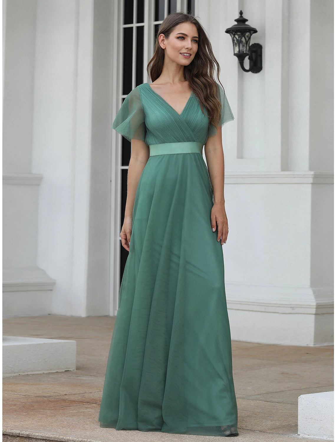 A-Line Empire Wedding Guest Prom Dress V Neck V Back Short Sleeve Floor Length Chiffon with Pleats Ruched