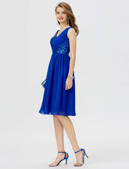 A-Line Cute Dress Cocktail Party Formal Evening Short / Mini Sleeveless V Neck Chiffon with Sequin Side Draping