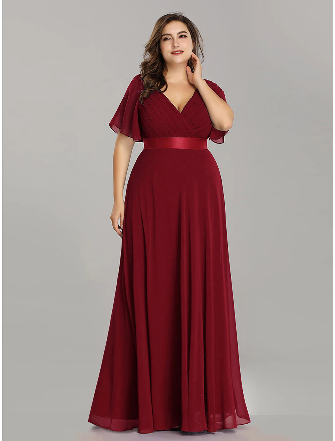 A-Line Mother of the Bride Dress Plus Size Elegant V Neck Floor Length Chiffon Short Sleeve with Sash / Ribbon Ruching