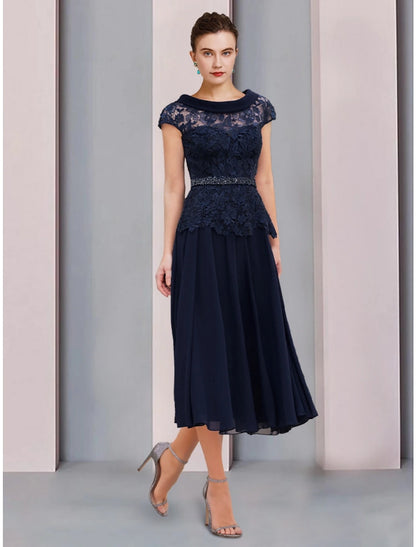 A-Line Mother of the Bride Dress Wedding Guest Elegant Scoop Neck Tea Length Chiffon Lace Short Sleeve with Sequin Ruching Solid Color