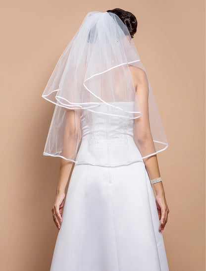 Two-tier Ribbon Edge Wedding Veil Elbow Veils with Rhinestone 31.5 in (80cm)