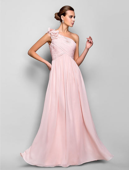 Sheath / Column Open Back Dress Prom Floor Length Sleeveless One Shoulder Chiffon with Criss Cross Ruched Flower